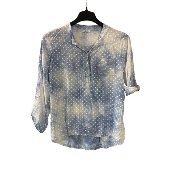 Angela Mara Polka Dot Viscose Button Front Blouse L Pocket Sequins Blue White - Picture 1 of 6